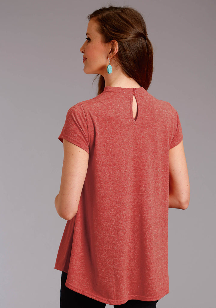 WOMENS RED SOLID SHORT SLEEVE KNIT TOP