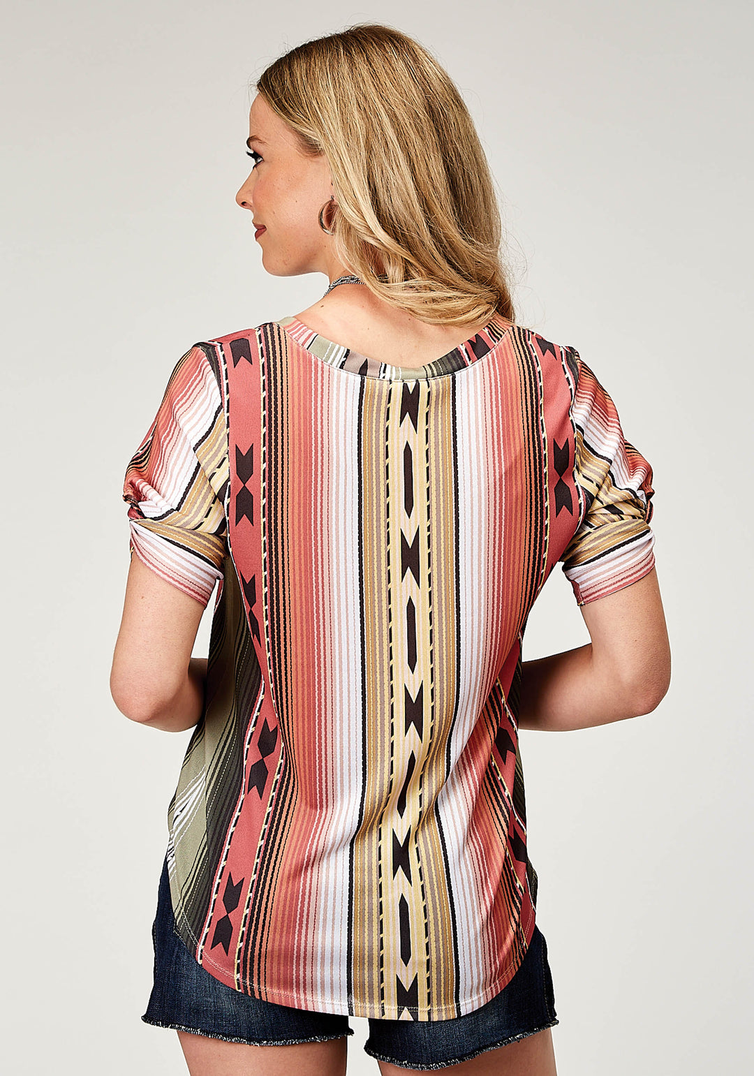 WOMENS SHORT SLEEVE POLY SPANDEX SWEATER KNIT TEE TOP WITH SCOOP NECK ELBOW LENGTH SLEEVES SUB PRINT
