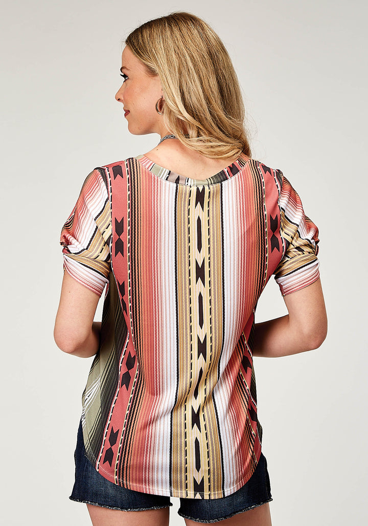 WOMENS SHORT SLEEVE POLY SPANDEX SWEATER KNIT TEE TOP WITH SCOOP NECK ELBOW LENGTH SLEEVES SUB PRINT