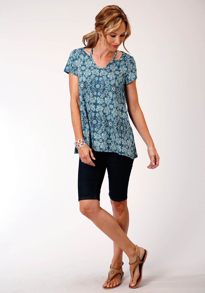 WOMENS TURQUOISE AND WHITE PAISLEY FLORAL PRINT SHORT SLEEVE KNIT TOP