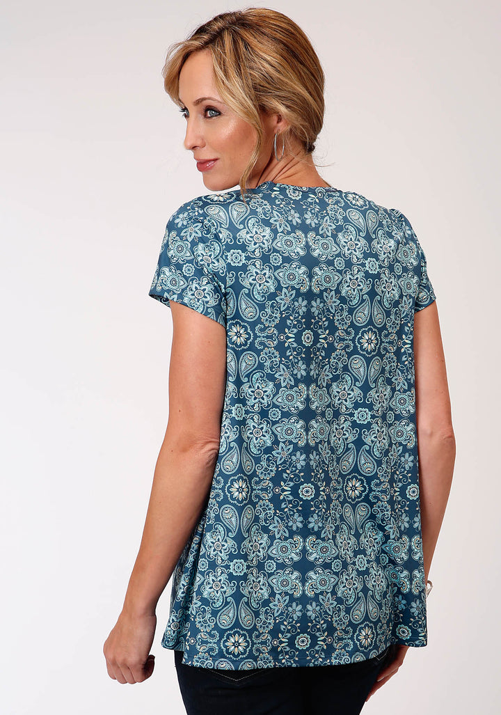 WOMENS TURQUOISE AND WHITE PAISLEY FLORAL PRINT SHORT SLEEVE KNIT TOP
