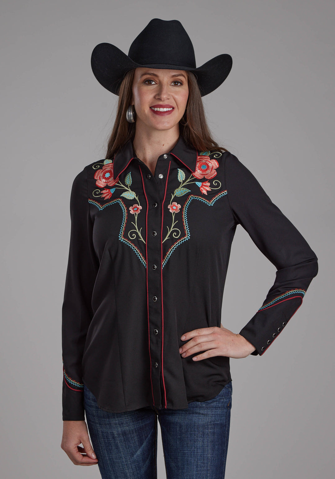 WOMENS POLY SPANDEX TWILL RETRO SHIRT LONG SLEEVE SNAP WESTERN SHIRT