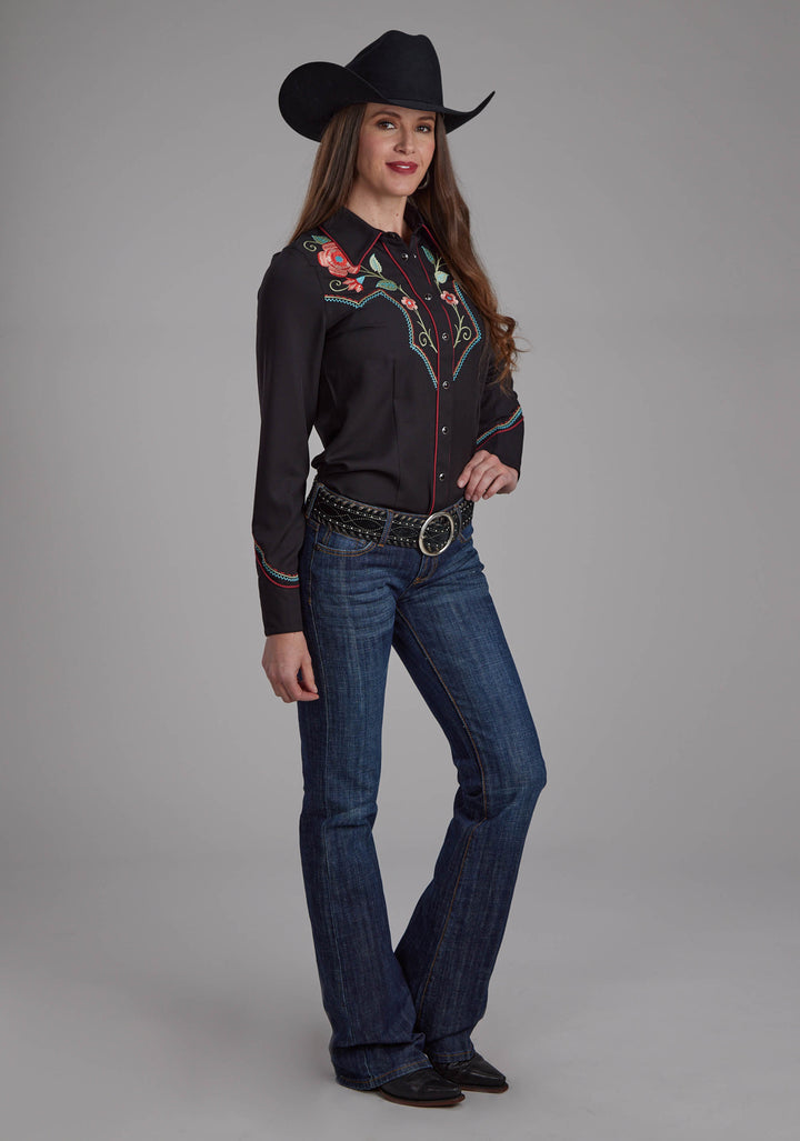 WOMENS POLY SPANDEX TWILL RETRO SHIRT LONG SLEEVE SNAP WESTERN SHIRT
