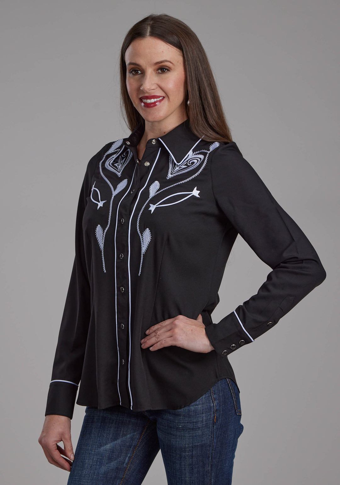 WOMENS POLY SPANDEX TWILL RETRO SHIRT LONG SLEEVE SNAP WESTERN SHIRT