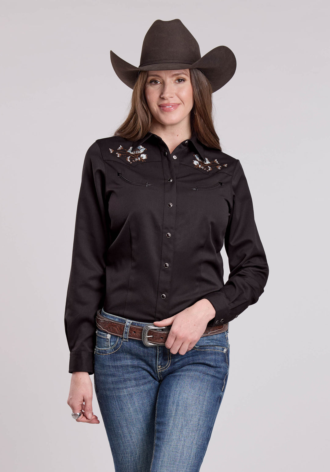 WOMENS LONG SLEEVE SNAP JET BLACK POLY RAYON WESTERN SHIRT