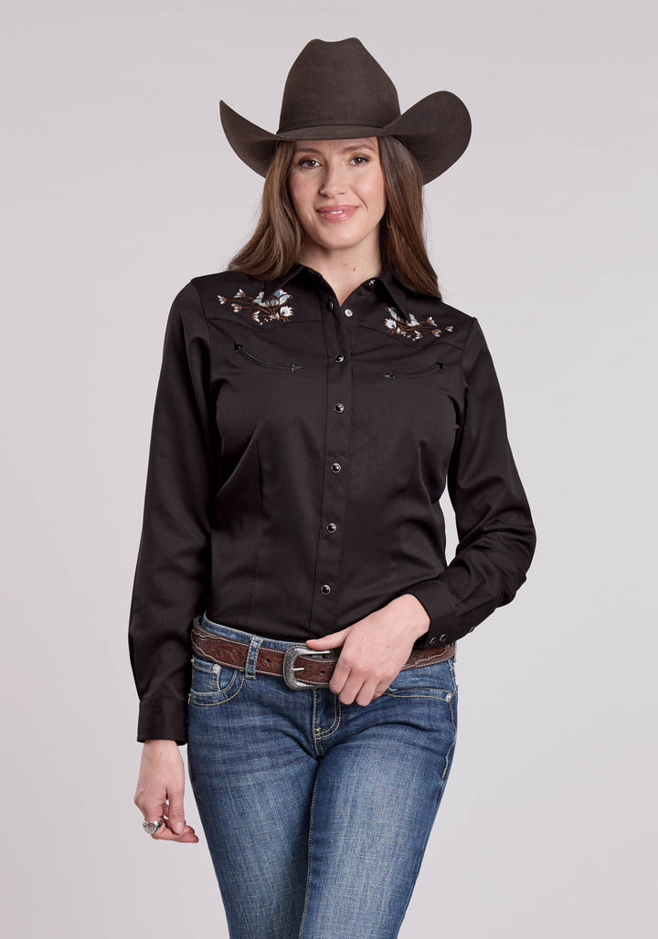 WOMENS LONG SLEEVE SNAP JET BLACK POLY RAYON WESTERN SHIRT