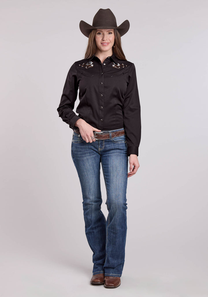 WOMENS LONG SLEEVE SNAP JET BLACK POLY RAYON WESTERN SHIRT
