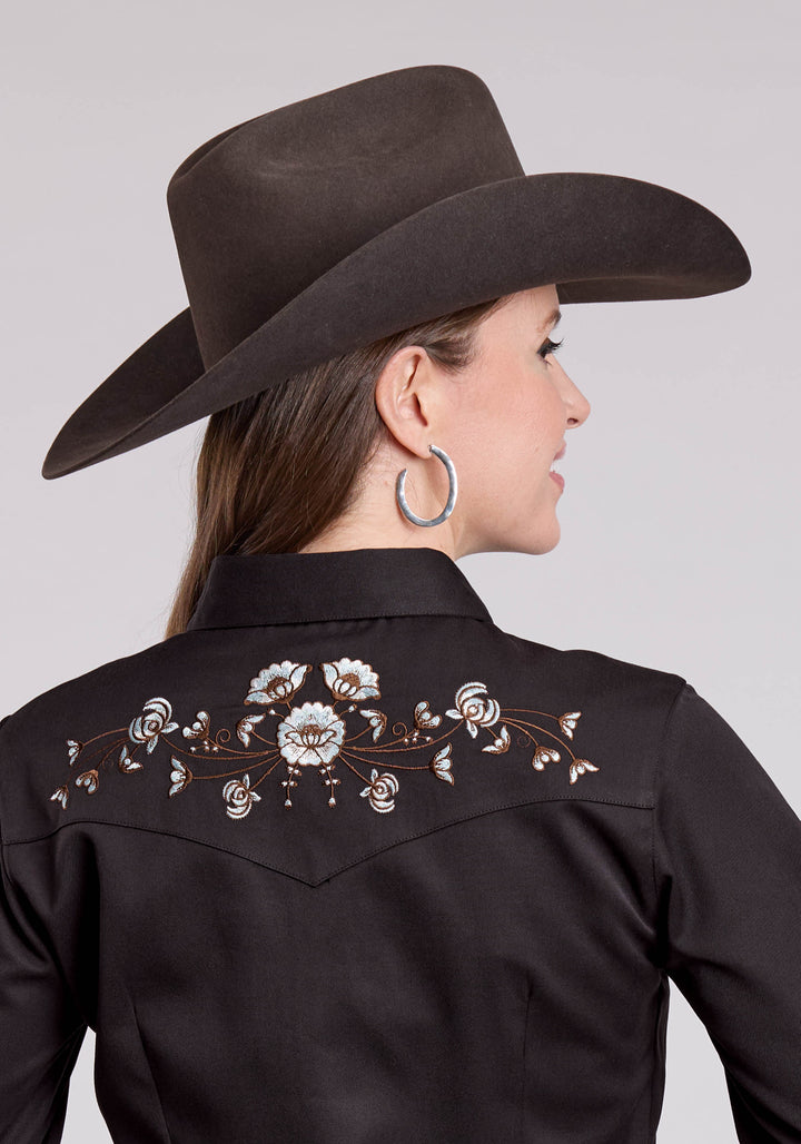 WOMENS LONG SLEEVE SNAP JET BLACK POLY RAYON WESTERN SHIRT