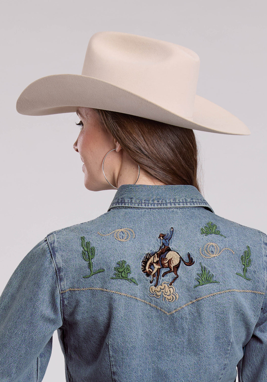 WOMENS LONG SLEEVE SNAP MED WASH DENIM SHIRT W/ BRONC RIDER EMBROIDERED WESTERN SHIRT