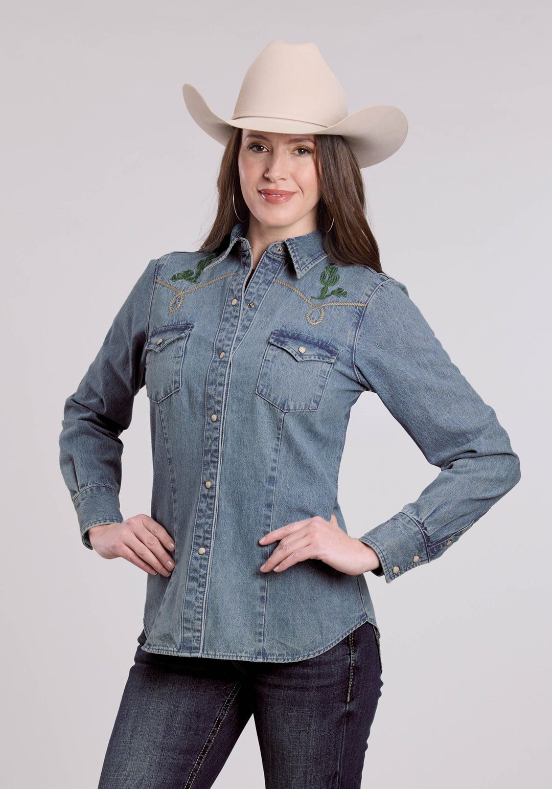 WOMENS LONG SLEEVE SNAP MED WASH DENIM SHIRT W/ BRONC RIDER EMBROIDERED WESTERN SHIRT
