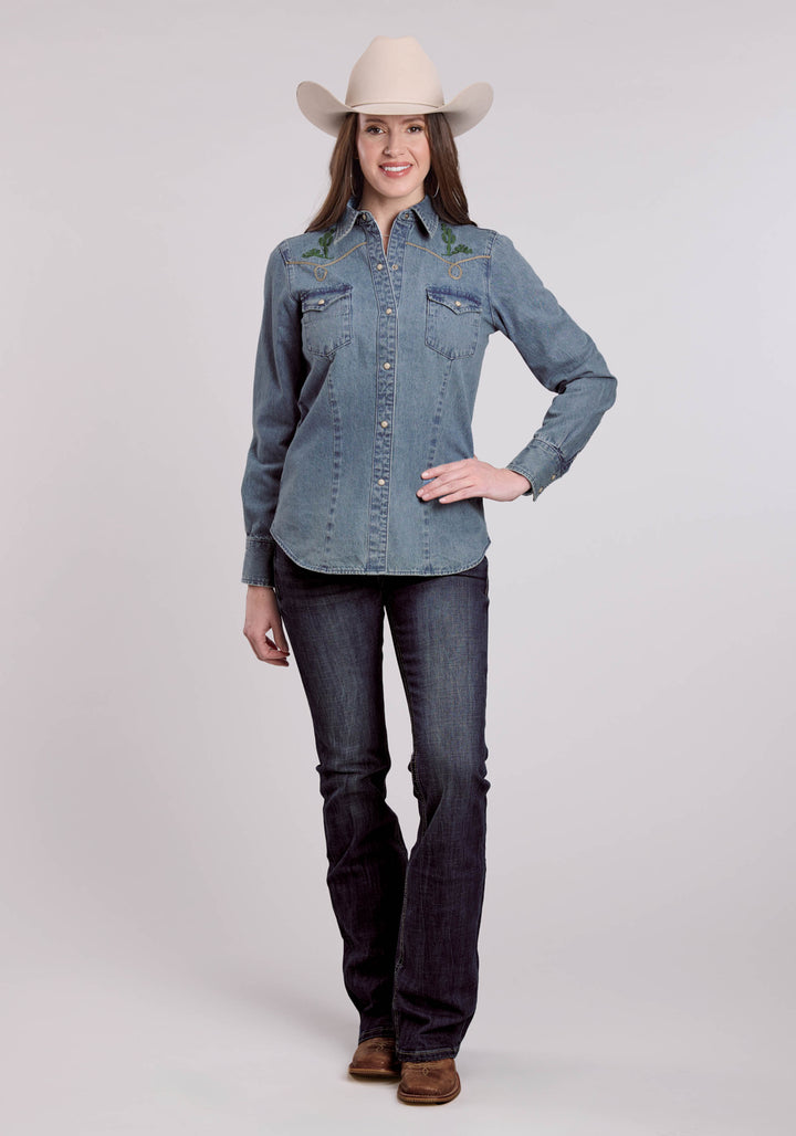 WOMENS LONG SLEEVE SNAP MED WASH DENIM SHIRT W/ BRONC RIDER EMBROIDERED WESTERN SHIRT