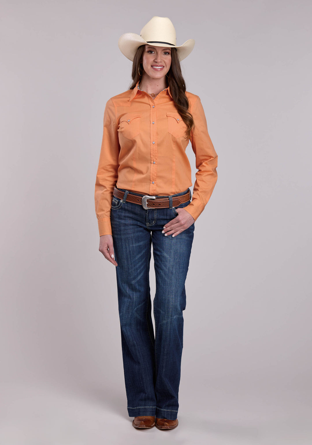 WOMENS ROPER SOLID POPLIN TANGERINE LONG SLEEVE SNAP SHIRT