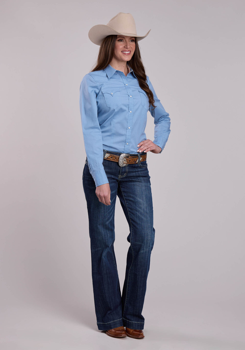 WOMENS ROPER SOLID POPLIN CHAMBRAY BLUE LONG SLEEVE SNAP SHIRT