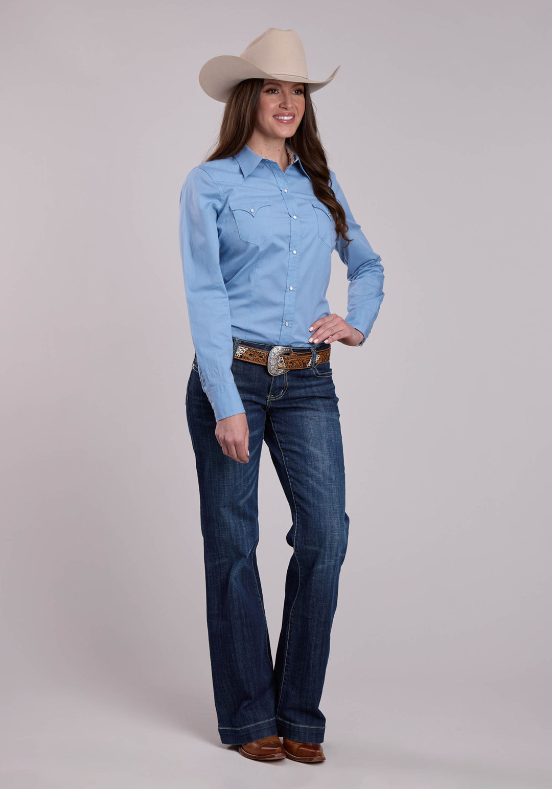 WOMENS ROPER SOLID POPLIN CHAMBRAY BLUE LONG SLEEVE SNAP SHIRT