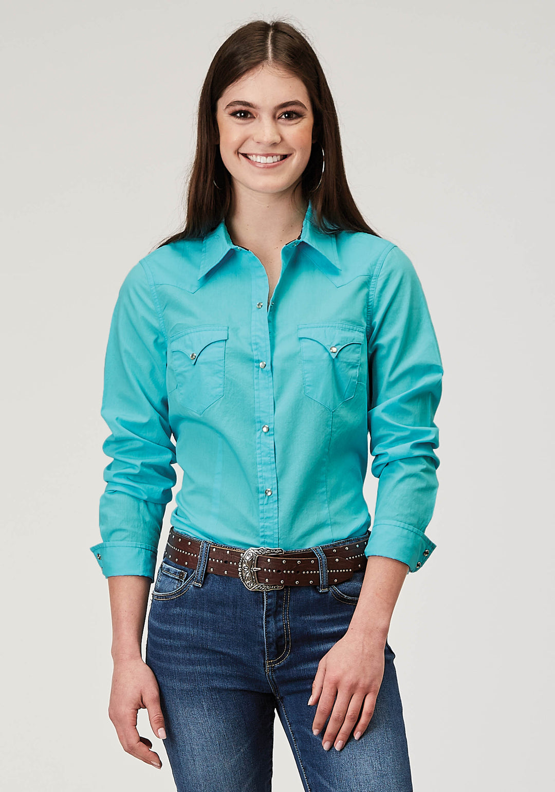 Womens Long Sleeve Snap Solid Poplin Turquoise Western Shirt