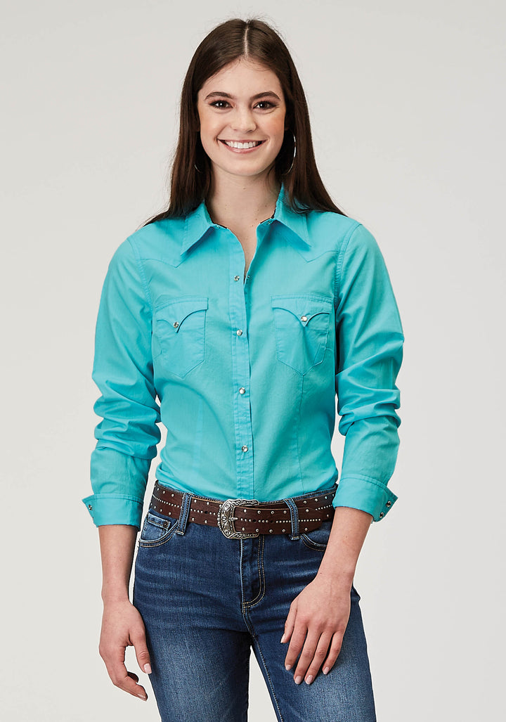 WOMENS LONG SLEEVE SNAP SOLID POPLIN TURQUOISE WESTERN SHIRT