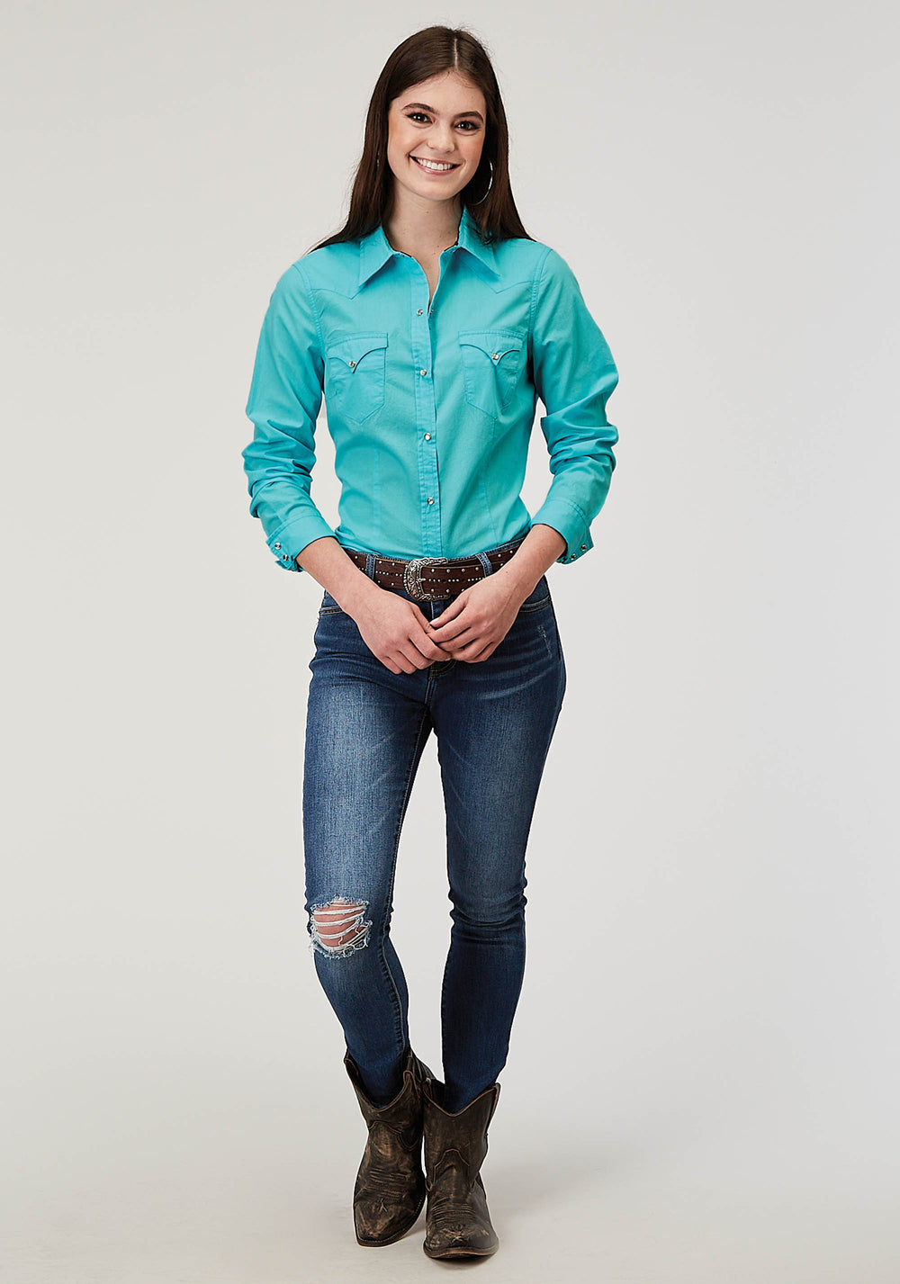 WOMENS LONG SLEEVE SNAP SOLID POPLIN TURQUOISE WESTERN SHIRT