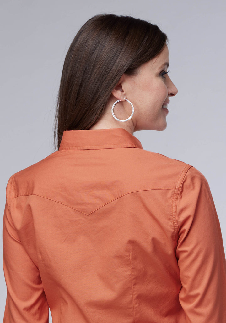 WOMENS LONG SLEEVE SNAP SOLID POPLIN TANGERINE WESTERN SHIRT
