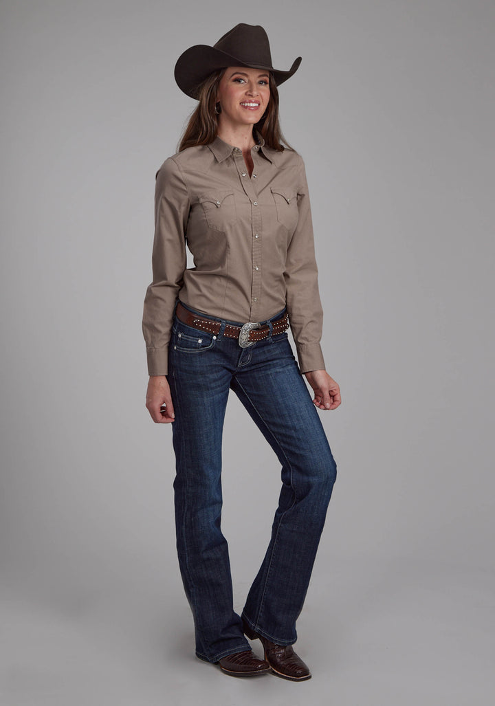 WOMENS SOLID POPLIN - STONE LONG SLEEVE SNAP WESTERN SHIRT