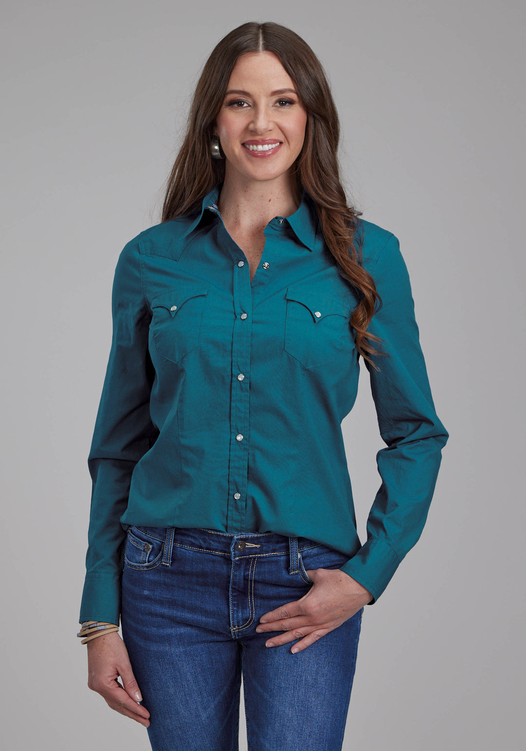 WOMENS SOLID POPLIN - TEAL LONG SLEEVE SNAP WESTERN SHIRT