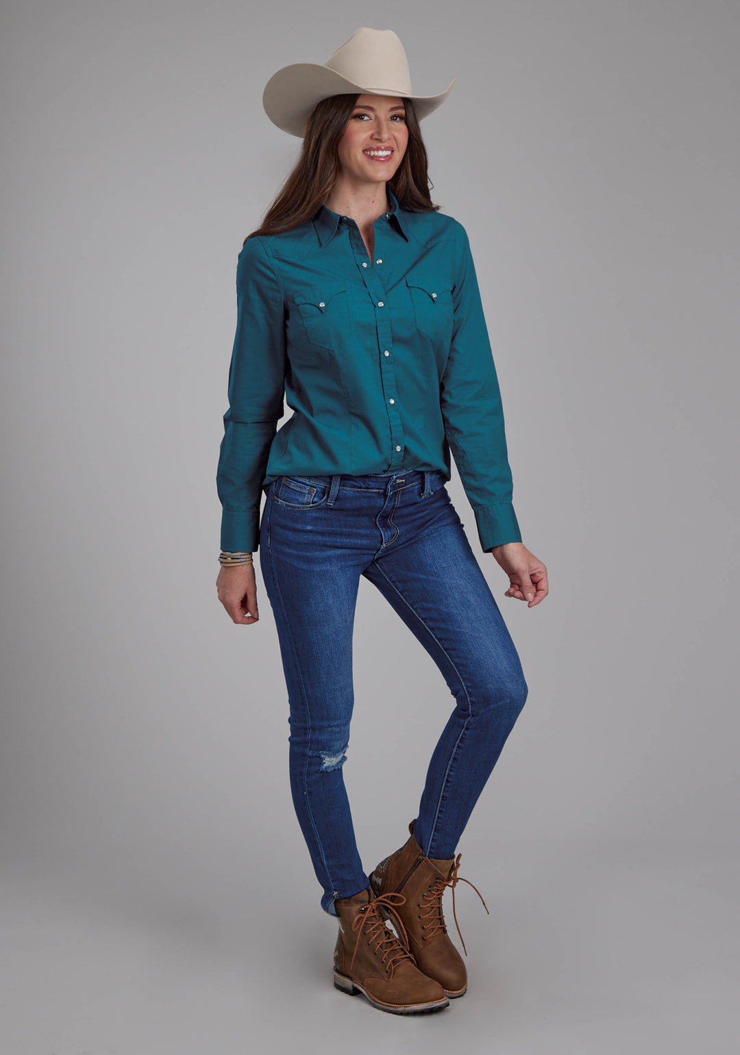 WOMENS SOLID POPLIN - TEAL LONG SLEEVE SNAP WESTERN SHIRT