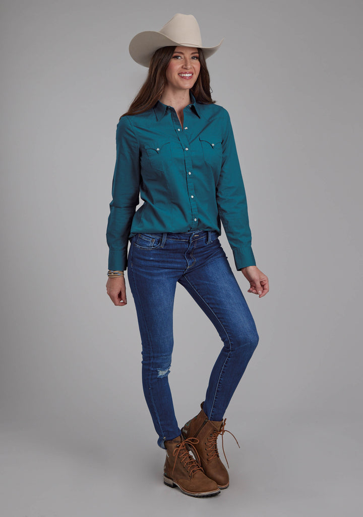 WOMENS SOLID POPLIN - TEAL LONG SLEEVE SNAP WESTERN SHIRT