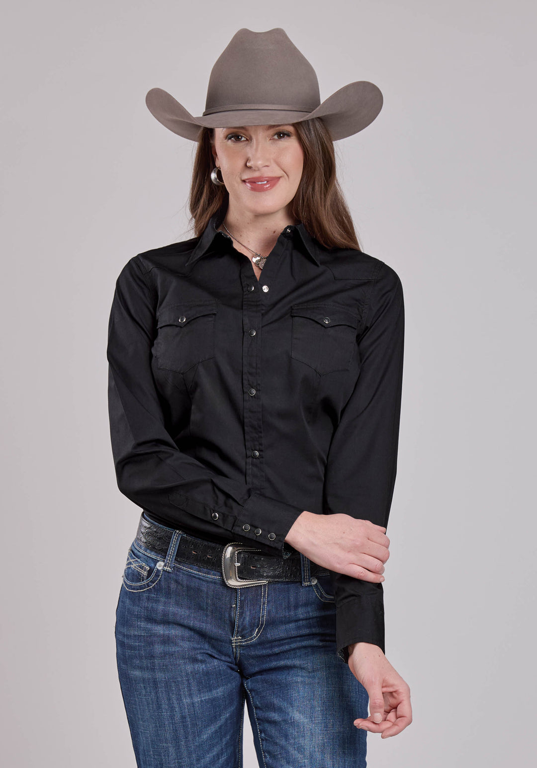 WOMENS LONG SLEEVE SNAP SOLID POPLIN - BLACK WESTERN SHIRT