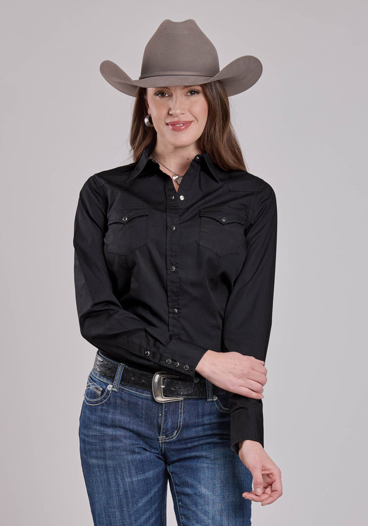 WOMENS LONG SLEEVE SNAP SOLID POPLIN - BLACK WESTERN SHIRT