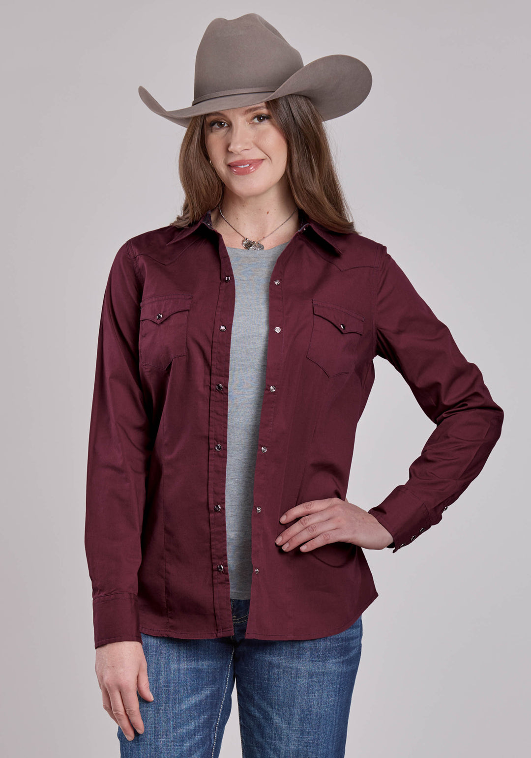 WOMENS ROPER SOLID POPLIN WINE LONG SLEEVE SNAP SHIRT