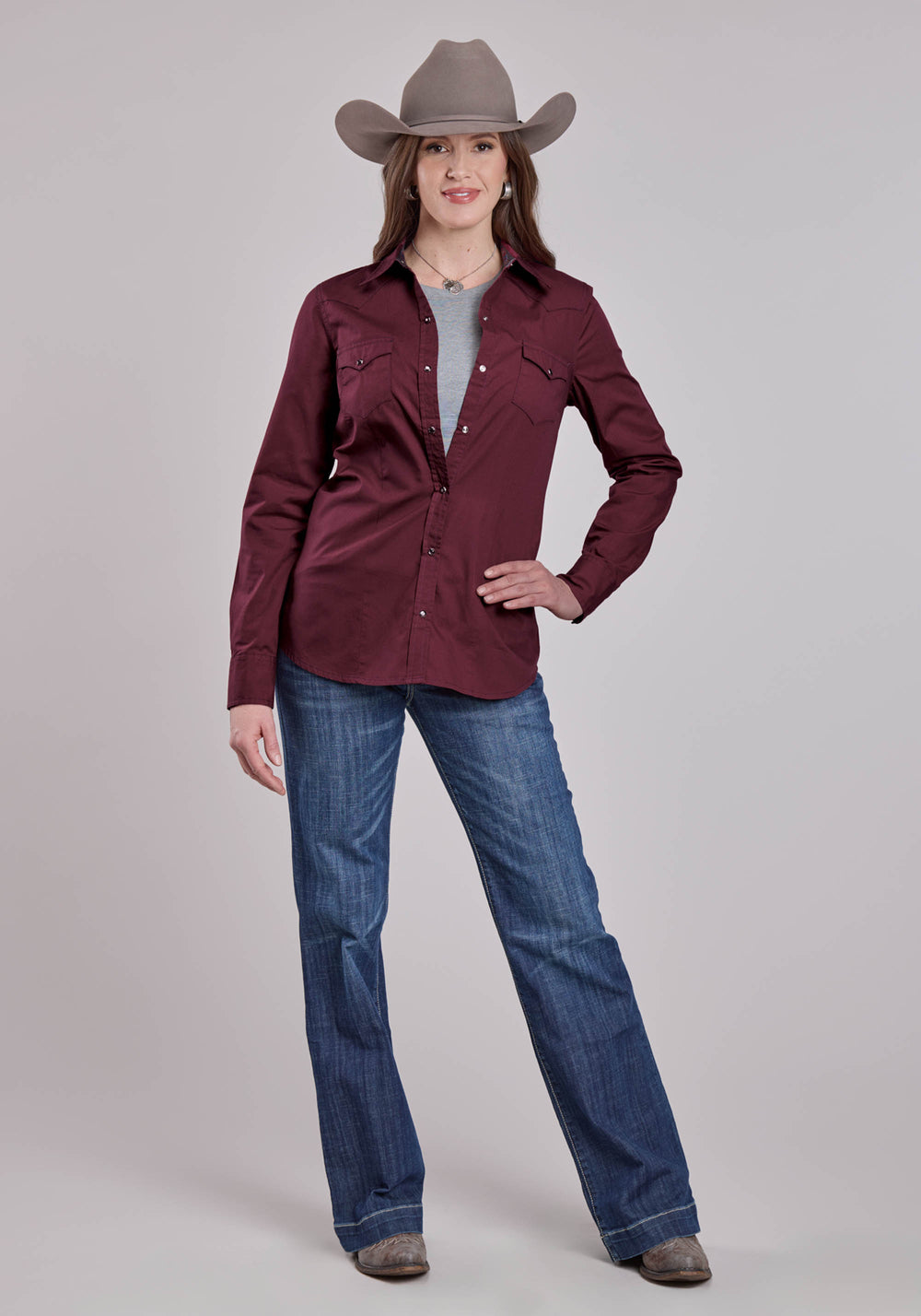 WOMENS ROPER SOLID POPLIN WINE LONG SLEEVE SNAP SHIRT