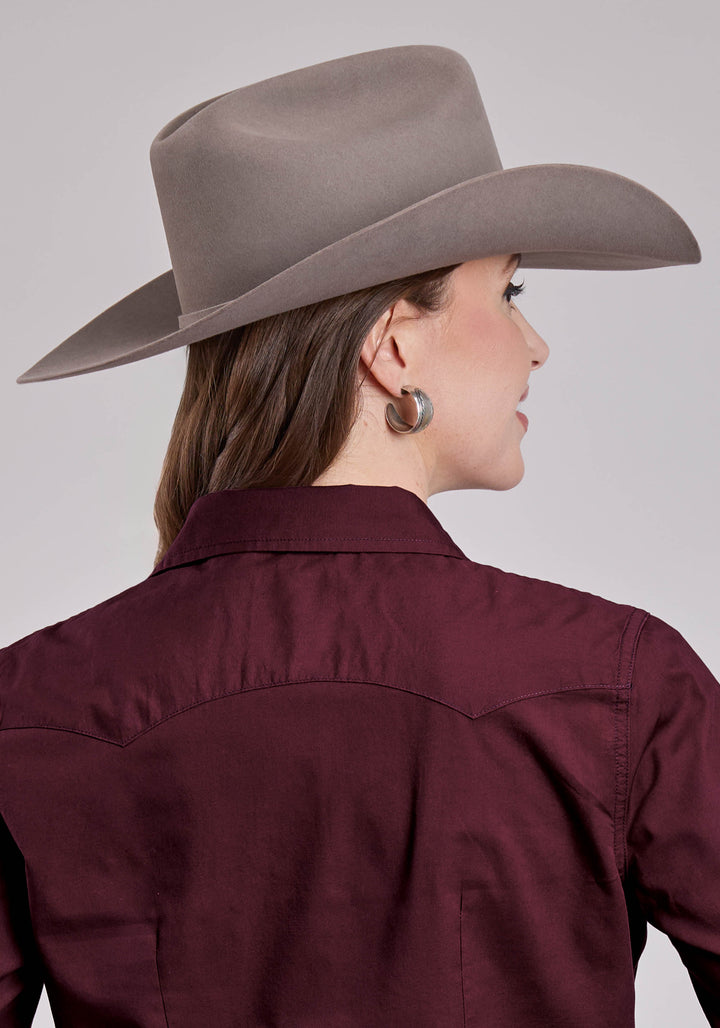 WOMENS ROPER SOLID POPLIN WINE LONG SLEEVE SNAP SHIRT