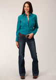 WOMENS LONG SLEEVE SNAP  SOLID POPLIN  DEEP TEAL WESTERN SHIRT