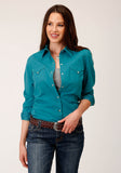 WOMENS LONG SLEEVE SNAP  SOLID POPLIN  DEEP TEAL WESTERN SHIRT