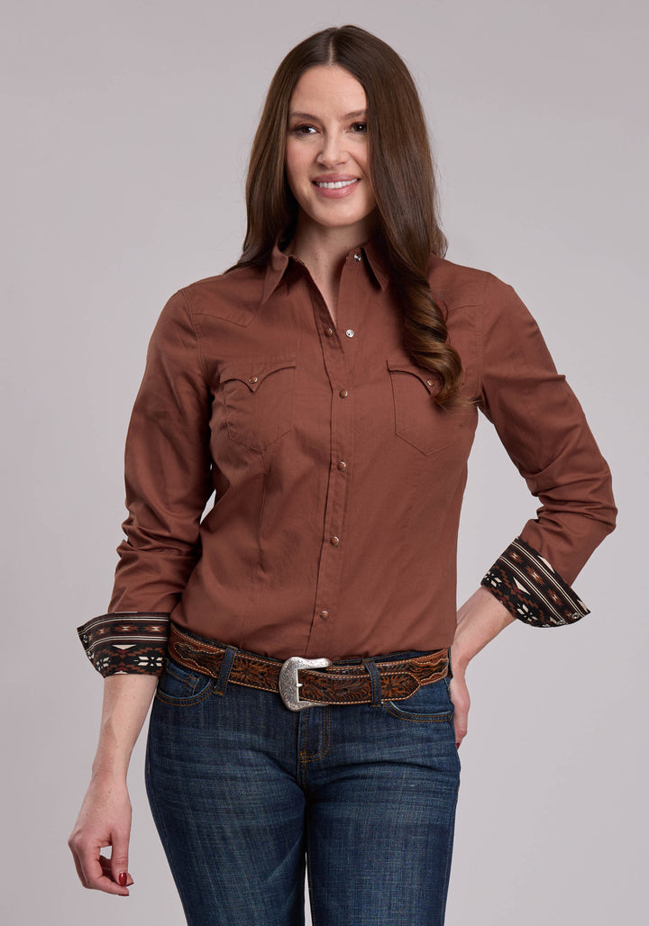 WOMENS ROPER SOLID SIENNA BROWN WESTERN SNAP SHIRT