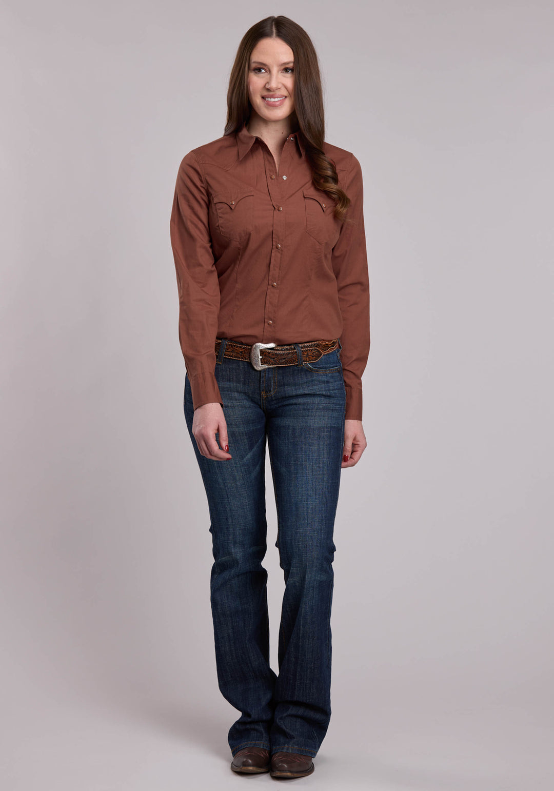 WOMENS ROPER SOLID SIENNA BROWN WESTERN SNAP SHIRT