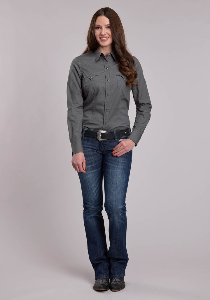 WOMENS ROPER SOLID DARK SAGE GREEN WESTERN SNAP SHIRT