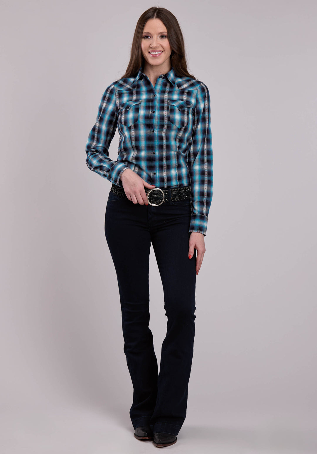 WOMENS LONG SLEEVE SNAP HORSESHOE DOBBY PLAID WESTERN SHIRT