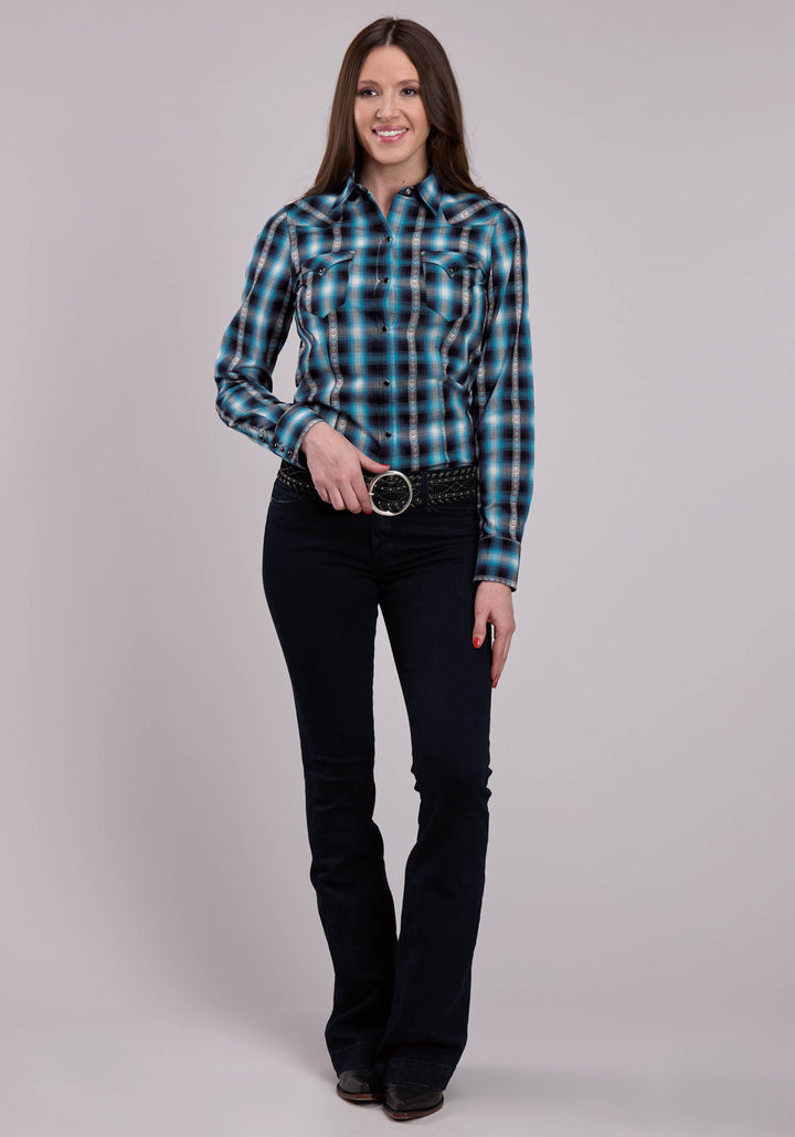 WOMENS LONG SLEEVE SNAP HORSESHOE DOBBY PLAID WESTERN SHIRT