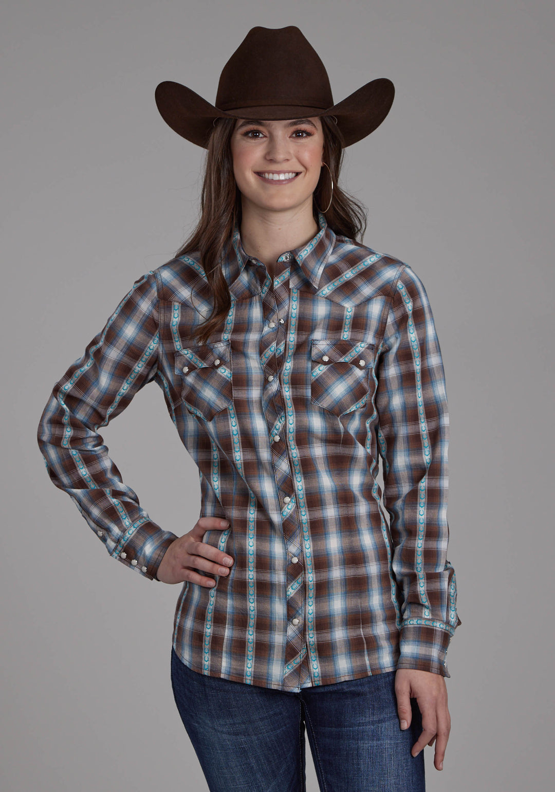 WOMENS HORSESHOE DOBBY LONG SLEEVE SNAP WESTERN SHIRT