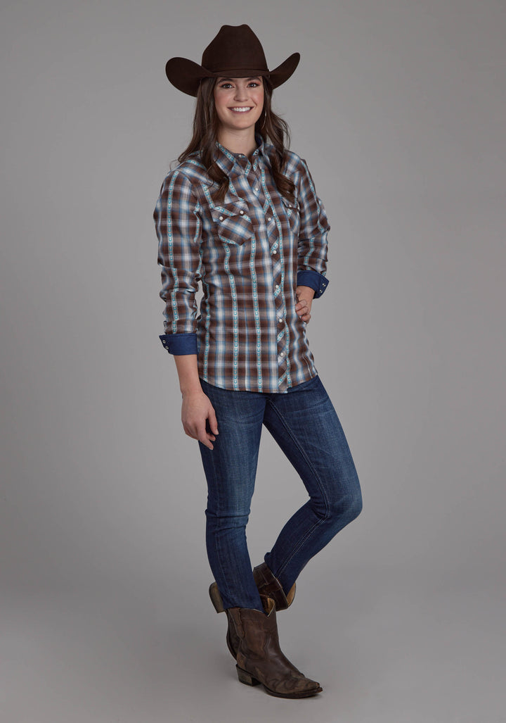 WOMENS HORSESHOE DOBBY LONG SLEEVE SNAP WESTERN SHIRT