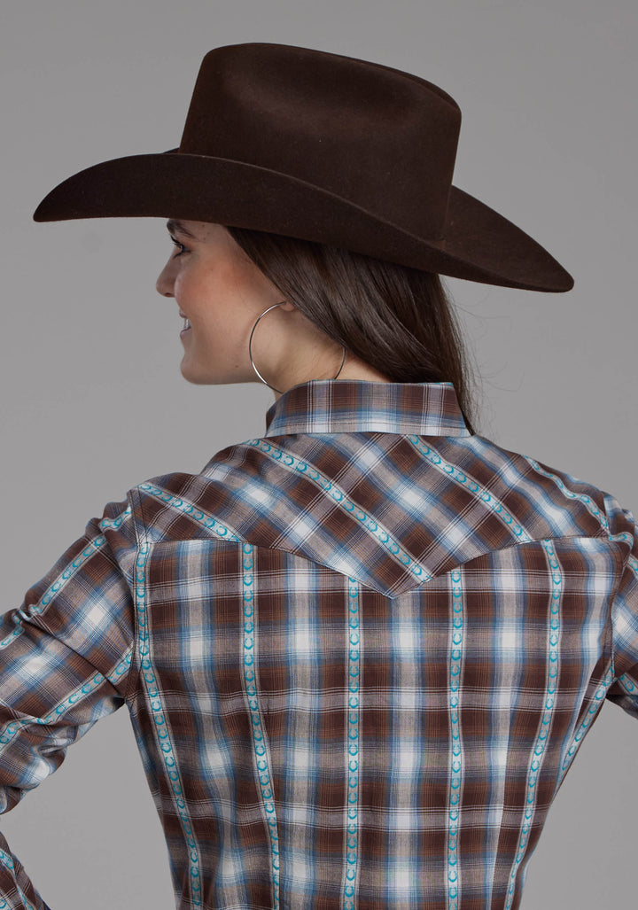 WOMENS HORSESHOE DOBBY LONG SLEEVE SNAP WESTERN SHIRT