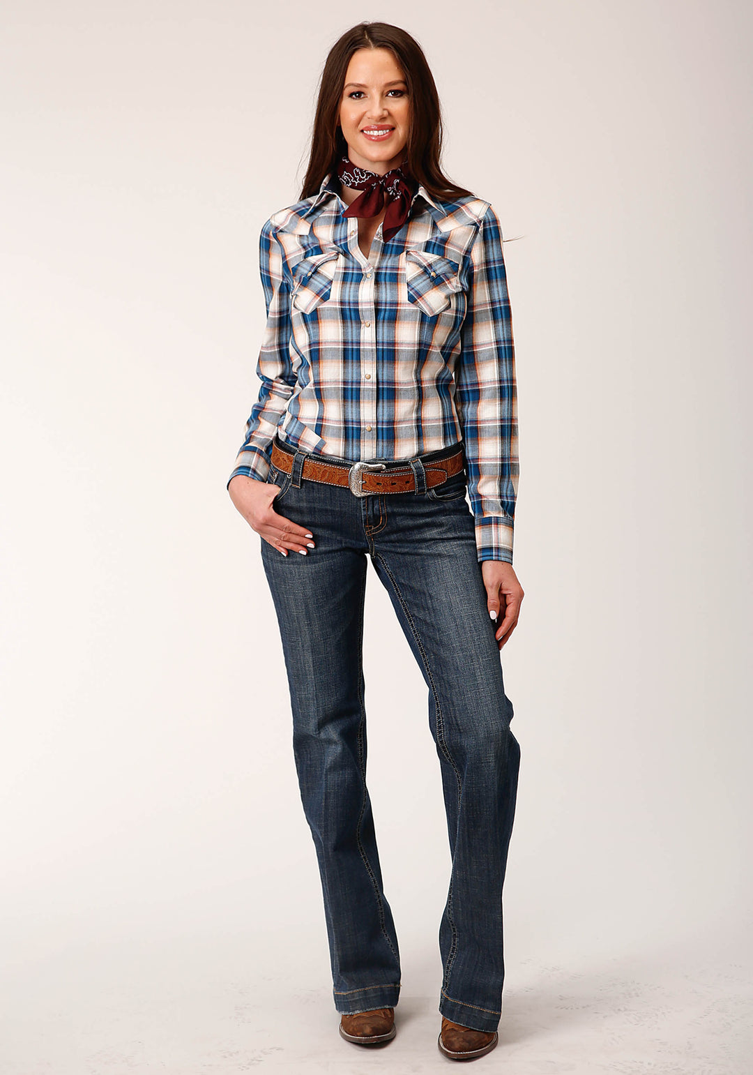 WOMENS LONG SLEEVE SNAP DENIM PLAID WESTERN SHIRT