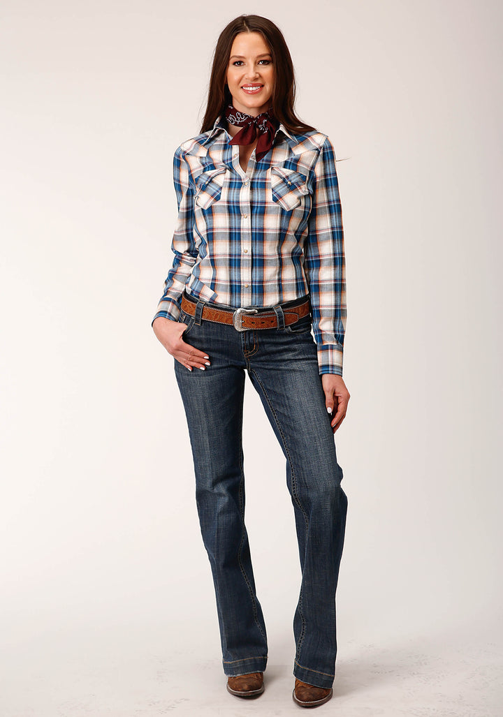 WOMENS LONG SLEEVE SNAP DENIM PLAID WESTERN SHIRT