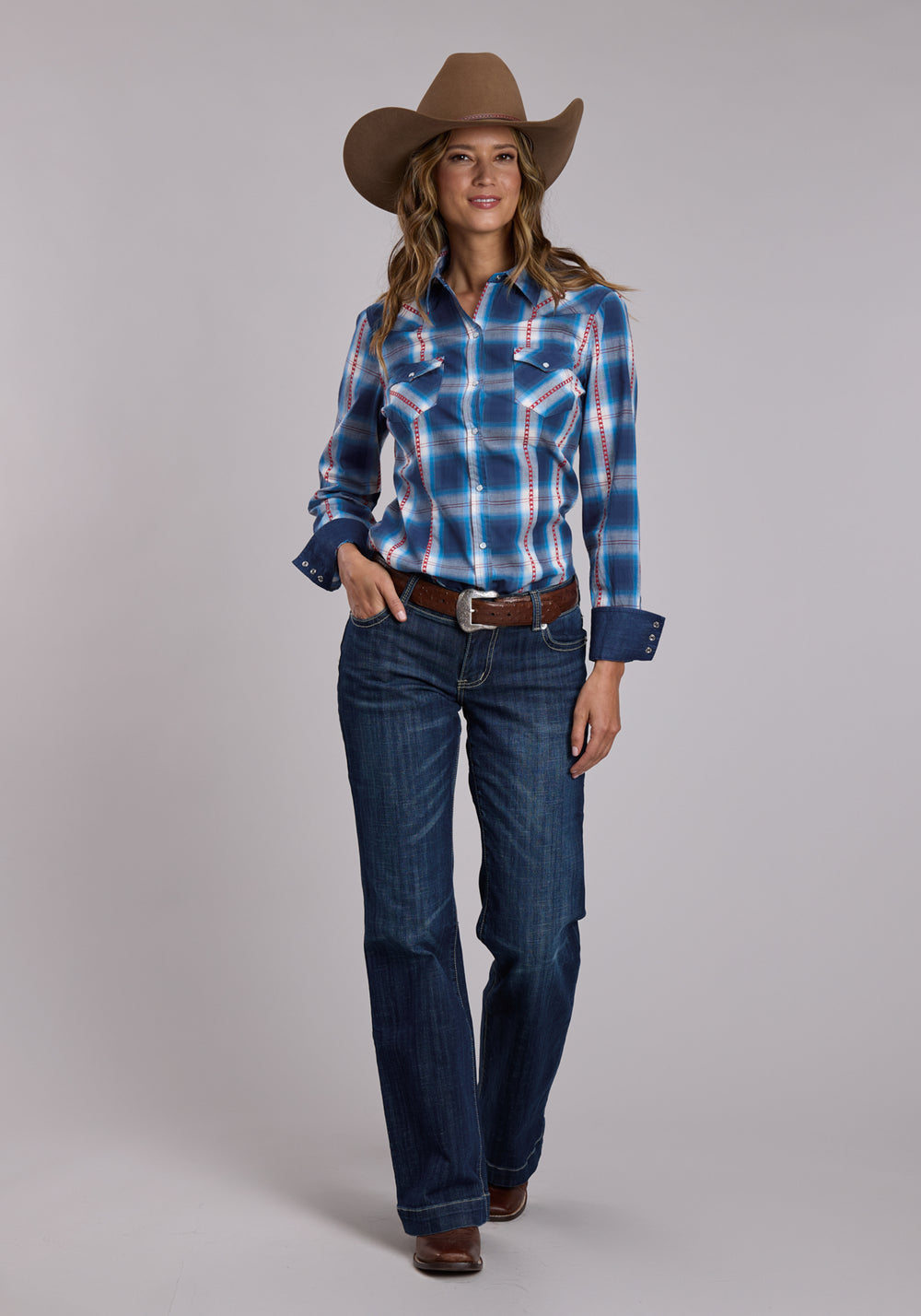WOMENS ROPER STAR DOBBY PLAID LONG SLEEVE SNAP SHIRT