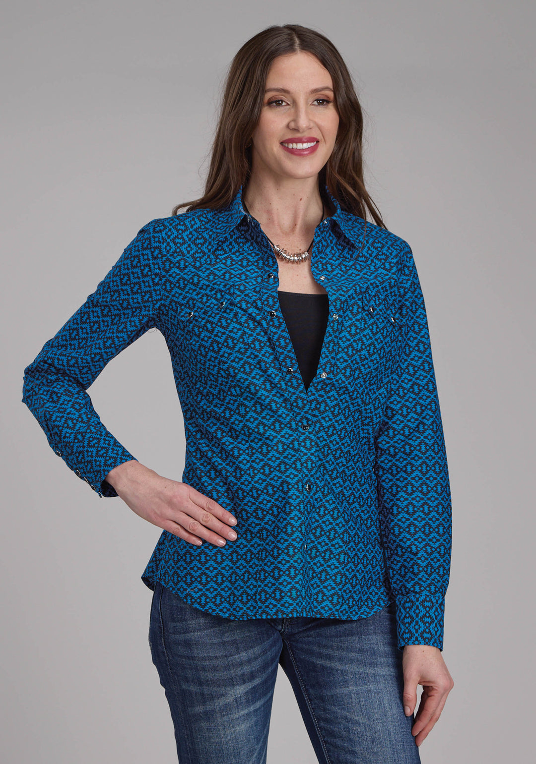 WOMENS AZTEC TILE LONG SLEEVE SNAP WESTERN SHIRT