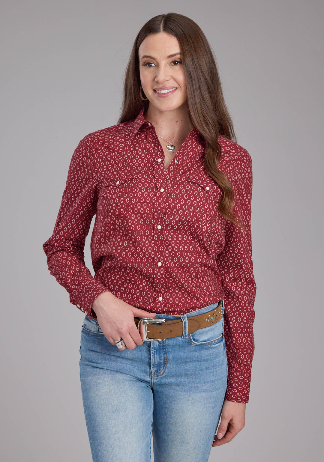WOMENS GEO PRINT LONG SLEEVE SNAP WESTERN SHIRT