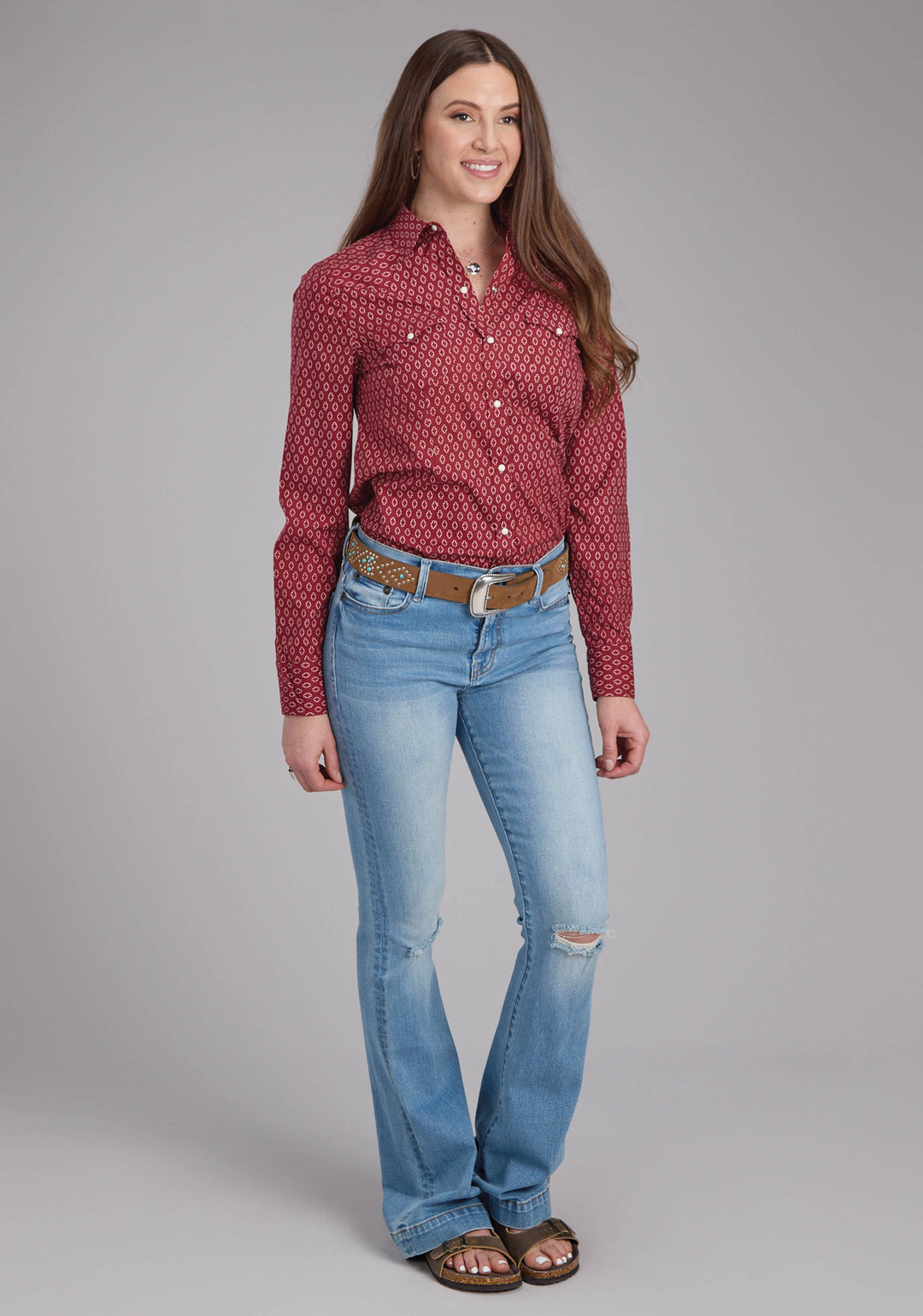WOMENS GEO PRINT LONG SLEEVE SNAP WESTERN SHIRT