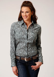 WOMENS LONG SLEEVE SNAP SILVER VINE PRINT WESTERN SHIRT