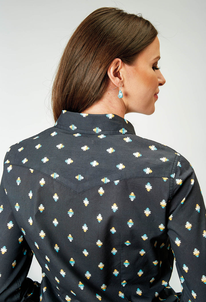 WOMENS LONG SLEEVE SNAP OMBRE AZTEC PRINT WESTERN SHIRT
