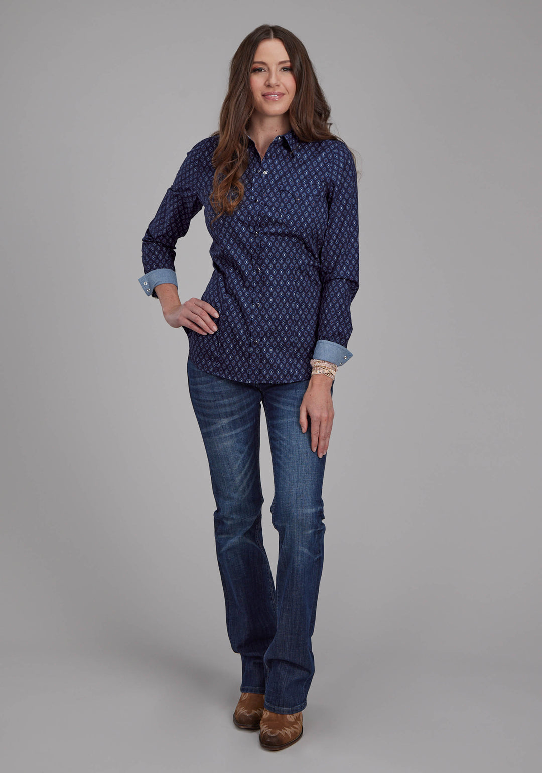WOMENS AZTECS PRINT LONG SLEEVE SNAP WESTERN SHIRT